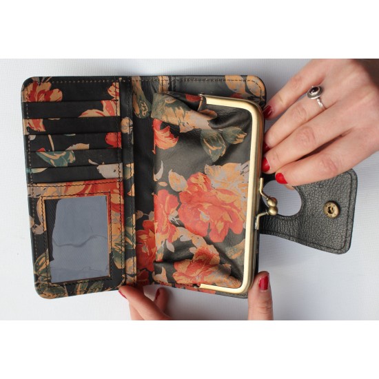 Large Wallet Black & Flowers Leather